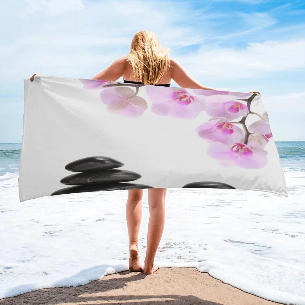 Orchid Black Stone Pink Flower White Quick Dry Towel Large Round Beach Towel For Adult Microfiber Shower Bath Towel